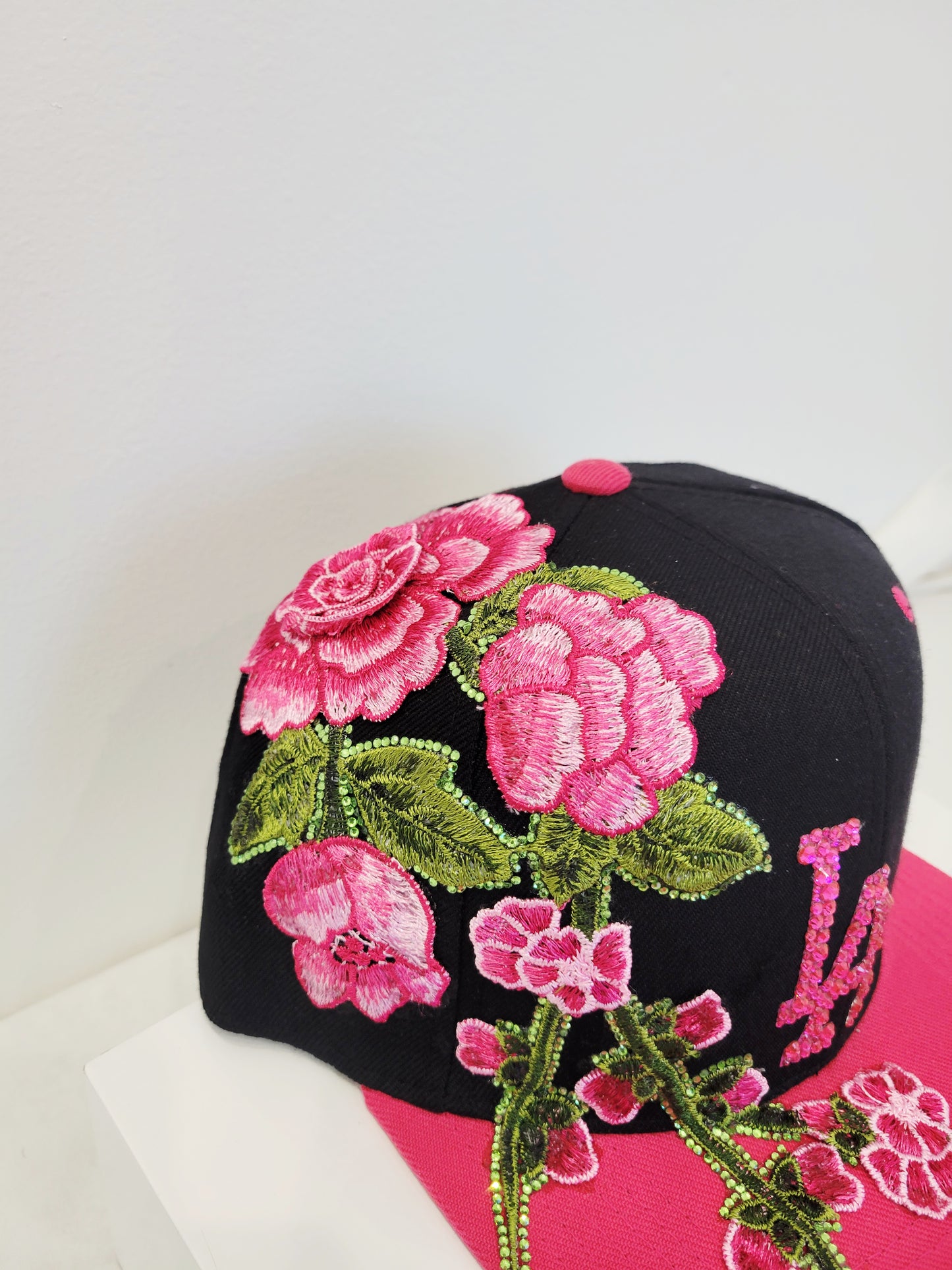 LA Cap (black/ pink with Flower embellishments)