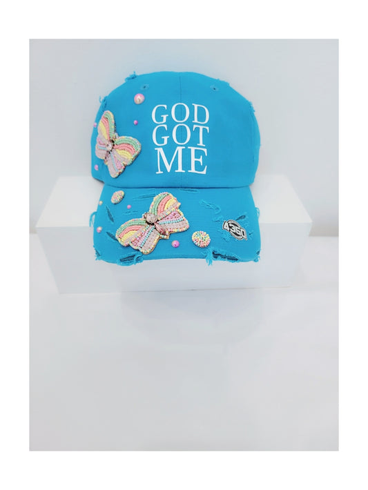 Blue God Got me with butterflies Cap